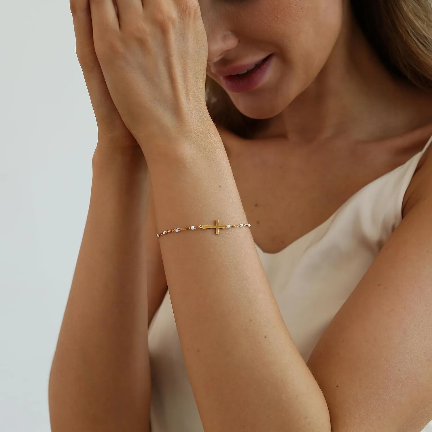 18K Gold Plated Beaded Cross Bracelet for Women Christian Crucifix Rosary Cross Bracelets Dainty Stainless Steel Minimalist Faith Jewelry