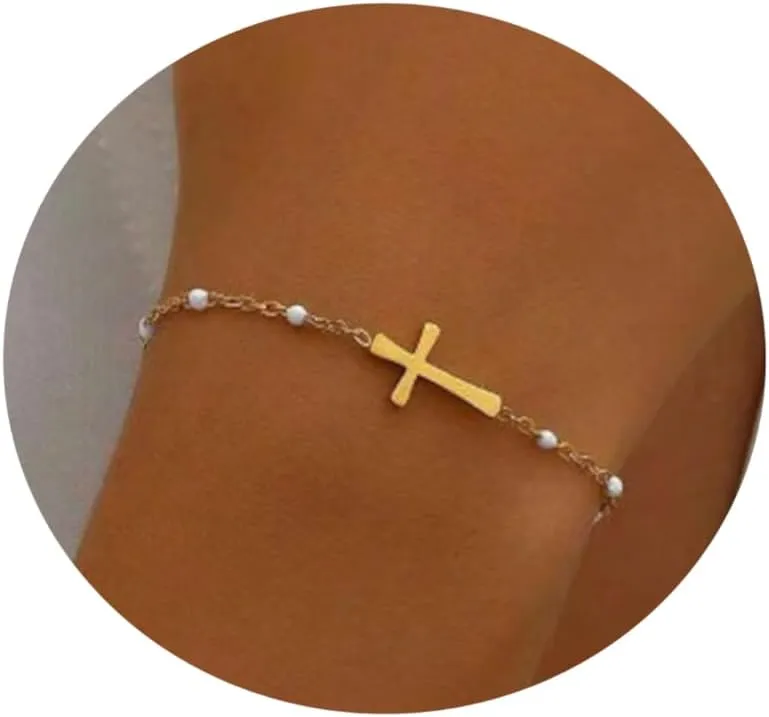 18K Gold Plated Beaded Cross Bracelet for Women Christian Crucifix Rosary Cross Bracelets Dainty Stainless Steel Minimalist Faith Jewelry