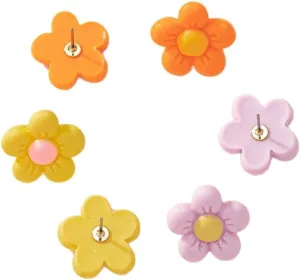18K Gold Plated Colorful Flower Stud Earrings Set  Cute Resin Floral Design, Lightweight Hypoallergenic Jewelry for Women (3 Pairs)