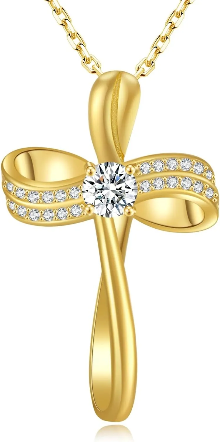 18K Gold Plated Cross Necklace for Women, S925 Sterling Silver Necklace for Women, Infinity Loop Pendant Jewelry with 5A Cubic Zirconia, Anniversary Birthday Christian Gifts for Women Her Wife