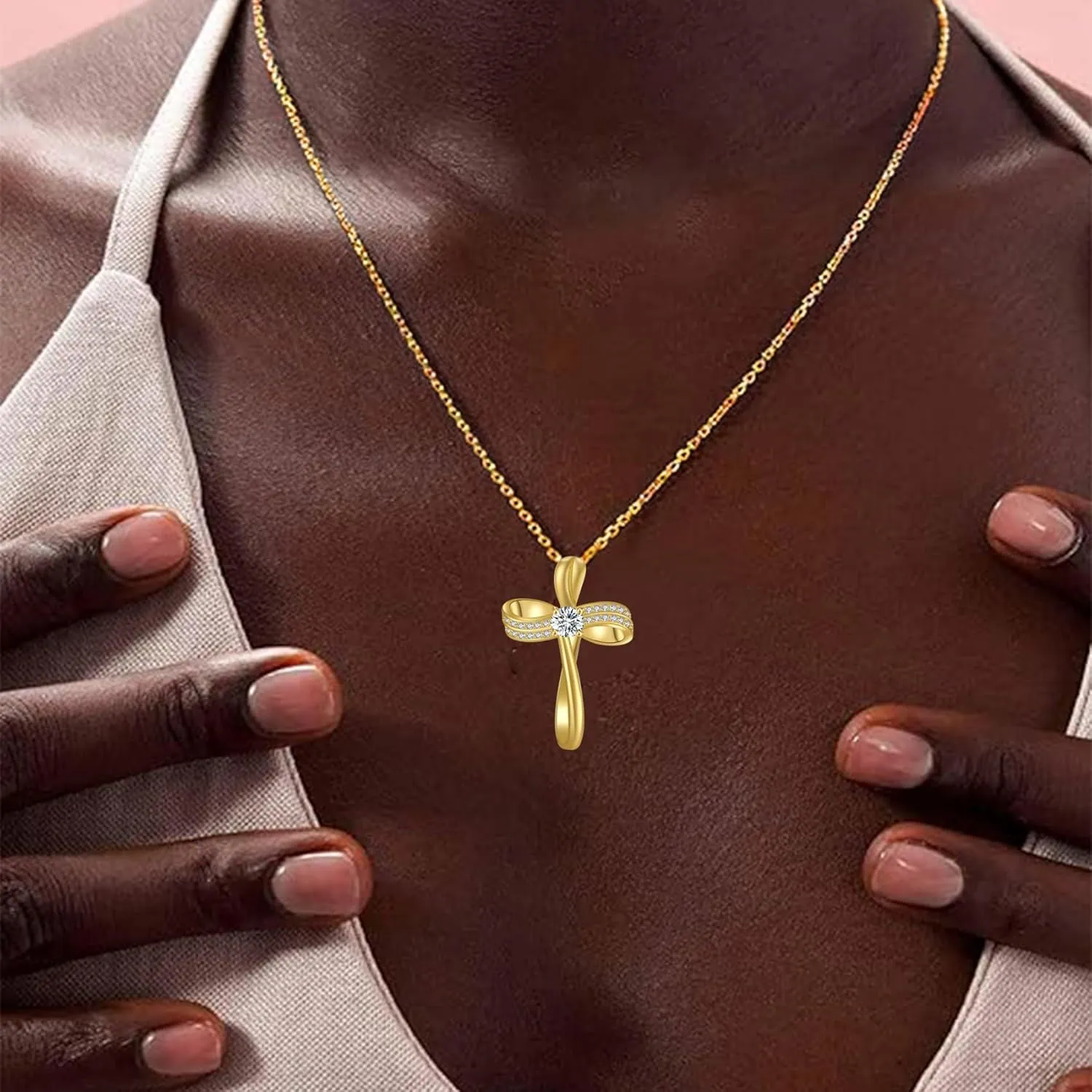 18K Gold Plated Cross Necklace for Women, S925 Sterling Silver Necklace for Women, Infinity Loop Pendant Jewelry with 5A Cubic Zirconia, Anniversary Birthday Christian Gifts for Women Her Wife