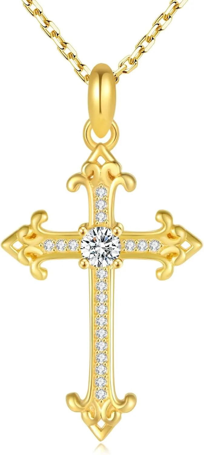 18K Gold Plated Cross Necklace for Women, Trendy 925 Sterling Silver Necklace, Dainty Cross Pendant with 5A Cubic Zirconia Diamond, Birthday Baptism Christian Jewelry Gifts for Women Wife Her