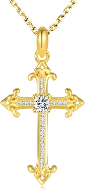 18K Gold Plated Cross Necklace for Women, Trendy 925 Sterling Silver Necklace, Dainty Cross Pendant with 5A Cubic Zirconia Diamond, Birthday Baptism Christian Jewelry Gifts for Women Wife Her