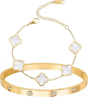 18K Gold Plated Four Leaf Clover Bracelet Bangle Set for Women Stack Bracelets Bangle for Love Trendy Jewelry Gifts for Women