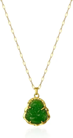 18k Gold Plated Laughing Buddha Pendant Necklace Green Jade Cubic Zirconia Gemstone Lucky Amulet Jewelry for Women Men