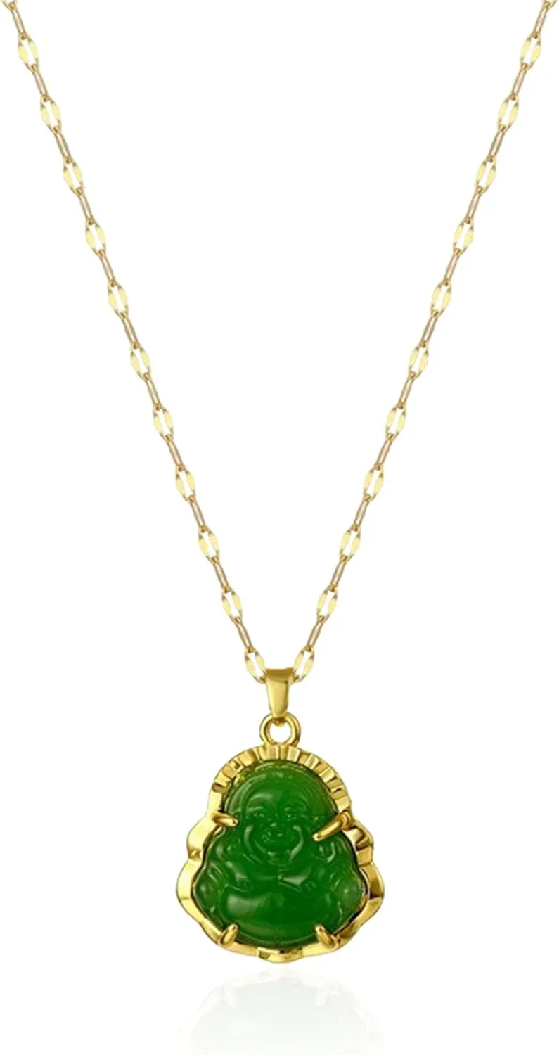 18k Gold Plated Laughing Buddha Pendant Necklace Green Jade Cubic Zirconia Gemstone Lucky Amulet Jewelry for Women Men