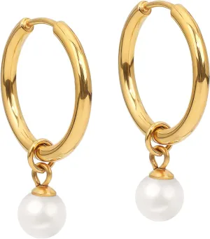 18k Gold Plated Pearl/Opal Huggie Small Hoop Earrings Titanium Small Huggie Hoop Earrings with Moverable Drop Dangle Earrings for Women