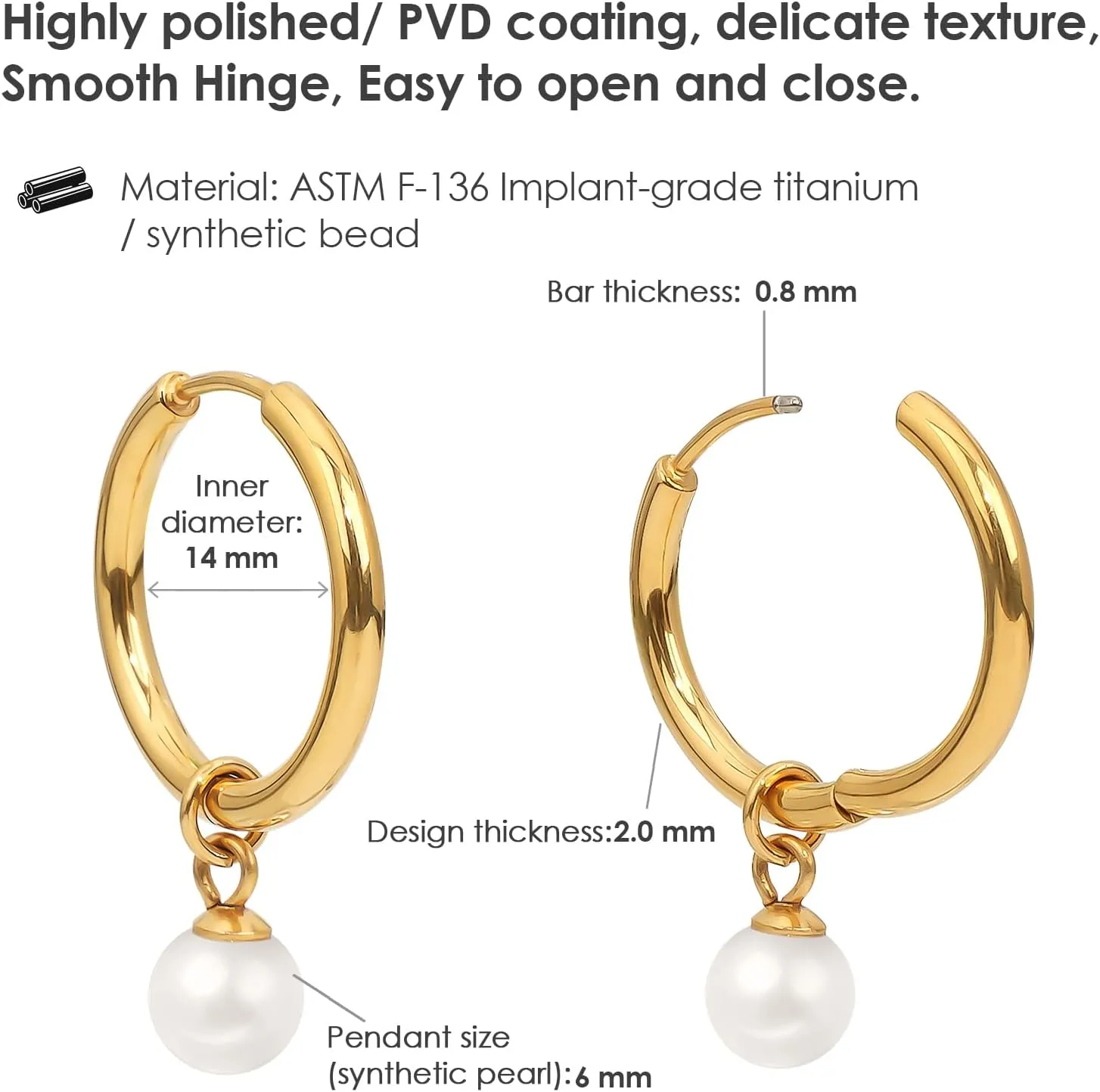 18k Gold Plated Pearl/Opal Huggie Small Hoop Earrings Titanium Small Huggie Hoop Earrings with Moverable Drop Dangle Earrings for Women