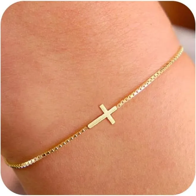 18K Gold Plated Sideways Cross Bracelets for Women Adjustable Stainless Steel Small Cross Chain Charm Faith Jewelry Religious Minimalist Gift