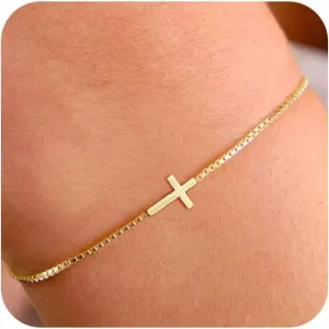 18K Gold Plated Sideways Cross Bracelets for Women Adjustable Stainless Steel Small Cross Chain Charm Faith Jewelry Religious Minimalist Gift