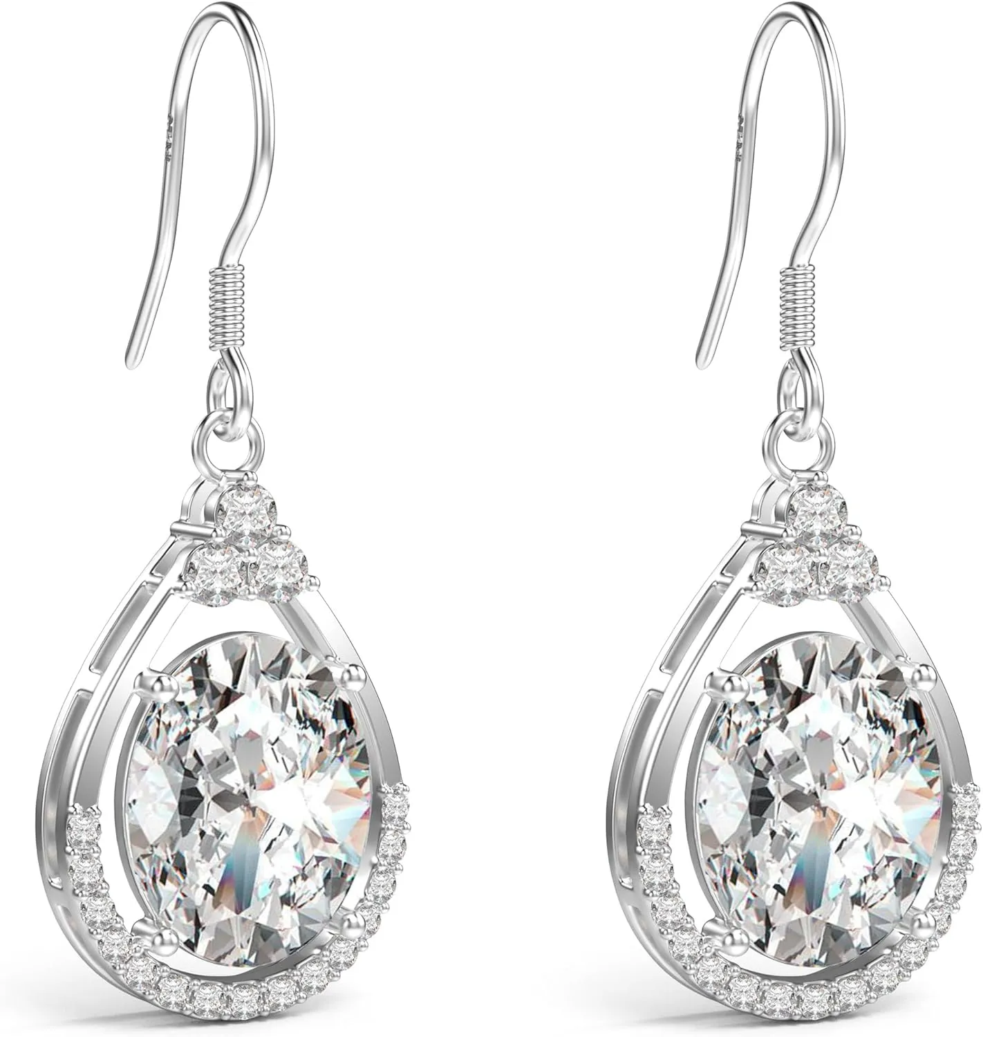 18K White Gold Plated Sterling Silver Oval Cut Cubic Zirconia Drop Dangle Earrings for Women Hypoallergenic Statement Earrings Gifts for Women Mom