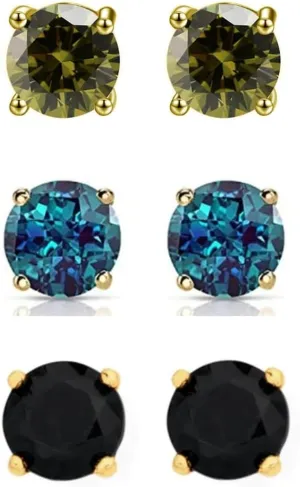 18k Yellow Gold Plated 1Ct Created Peridot, Alexandrite And Black Sapphire 3 Pair Round Stud Earrings