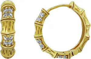 18K Yellow Gold Plated Cubic Zirconia Textured Bamboo Huggie Hoop Earrings
