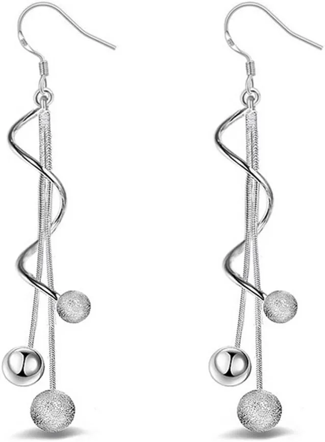 1pair Silver Earring Jewellery Woman Bohemian Style Sparkling Beads Long Pendant Ear Studs Dangle Lady Earring Lady Dress Accessories Love Gift Durable and Useful