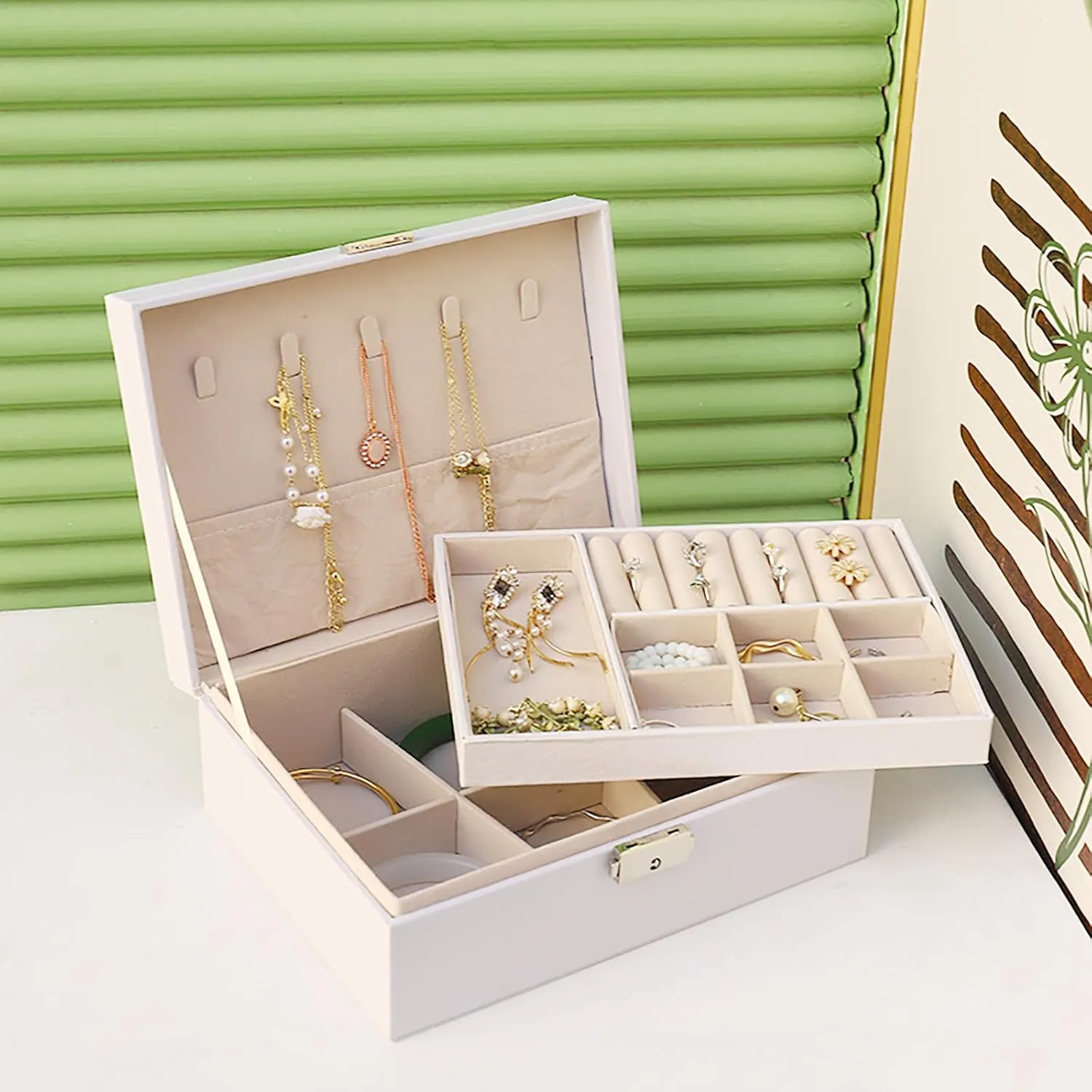 2 Layer Jewelry Box, Jewelry Holder Organizer with Jewelry Organizer Drawer for Girls Mothers Earring Ring, White
