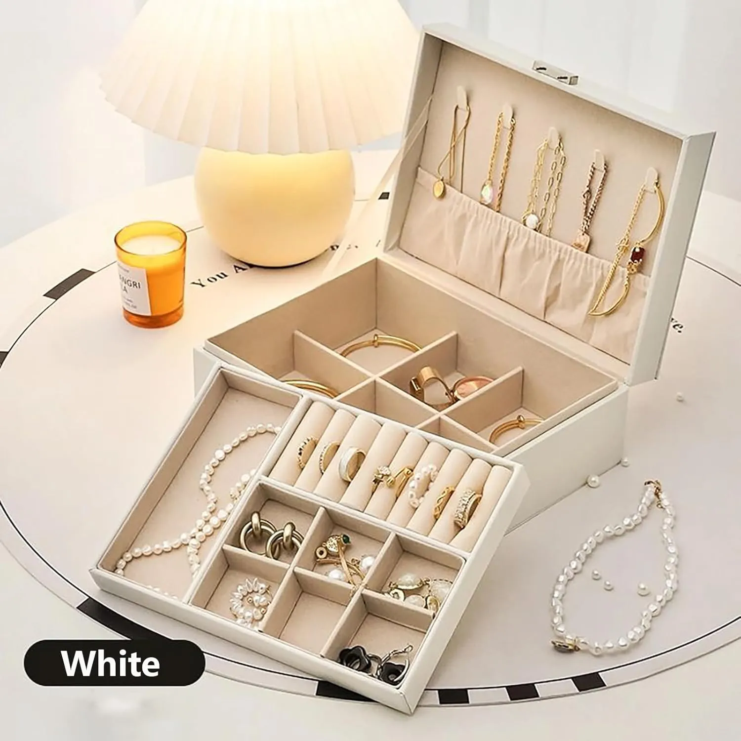 2 Layer Jewelry Box, Jewelry Holder Organizer with Jewelry Organizer Drawer for Girls Mothers Earring Ring, White