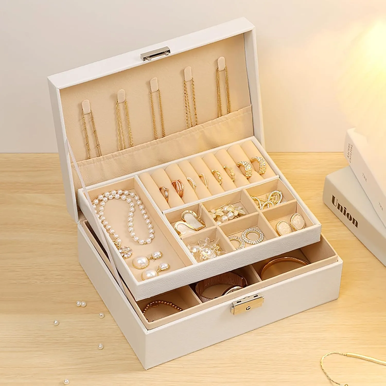 2 Layer Jewelry Box, Jewelry Holder Organizer with Jewelry Organizer Drawer for Girls Mothers Earring Ring, White