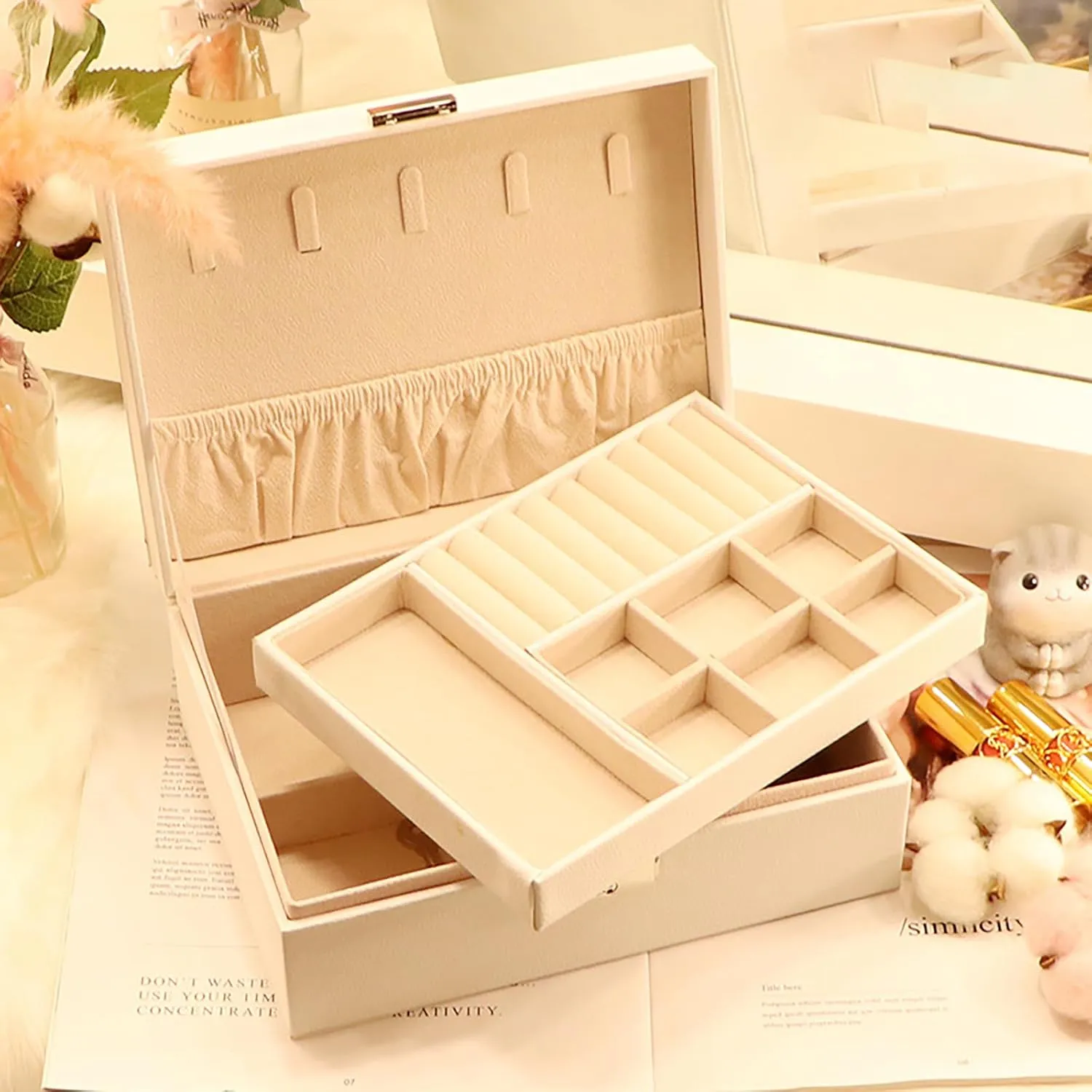 2 Layer Jewelry Box, Jewelry Holder Organizer with Jewelry Organizer Drawer for Girls Mothers Earring Ring, White