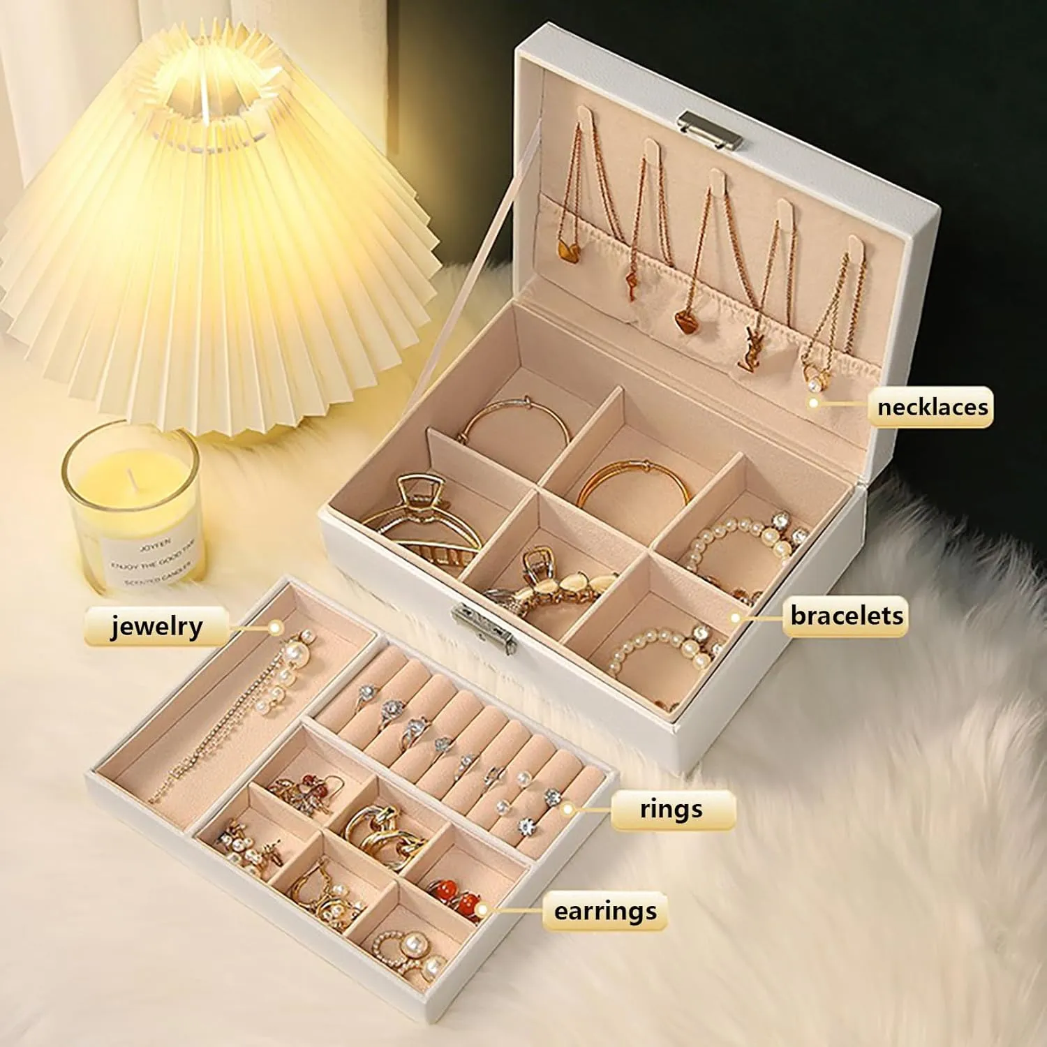 2 Layer Jewelry Box, Jewelry Holder Organizer with Jewelry Organizer Drawer for Girls Mothers Earring Ring, White