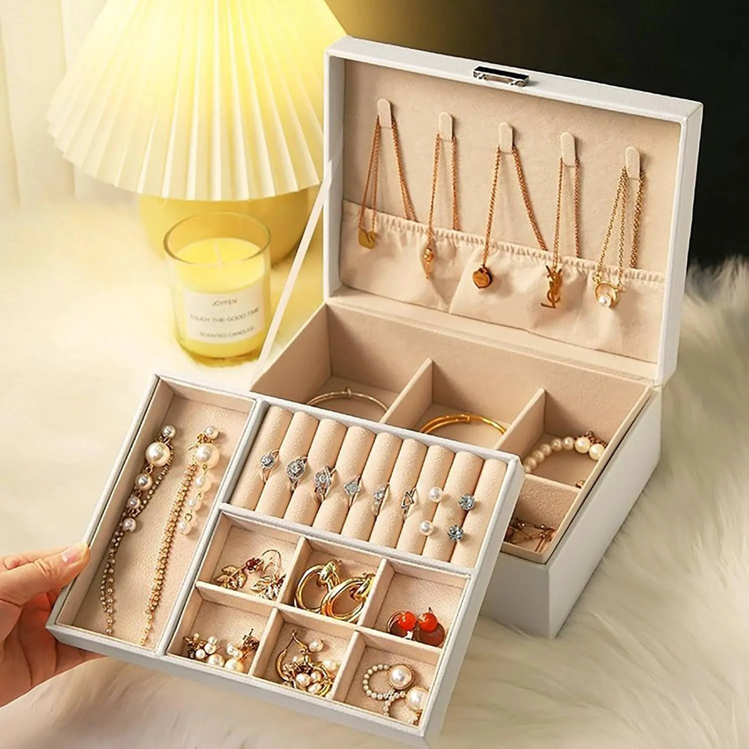 2 Layer Jewelry Box, Jewelry Holder Organizer with Jewelry Organizer Drawer for Girls Mothers Earring Ring, White