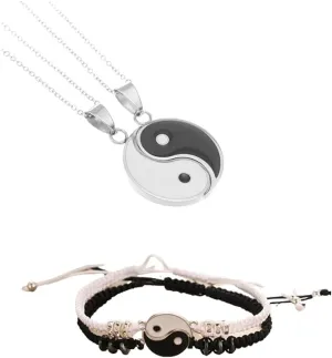 2 Pcs Set Yin Yang Friend or Couple Bracelet with Necklace Set Matching Yin Yang Adjustable Cord Bracelet 2 Pieces Yin Yang Couple Pendant Necklace Chain for Friendship Boyfriend Girlfriend
