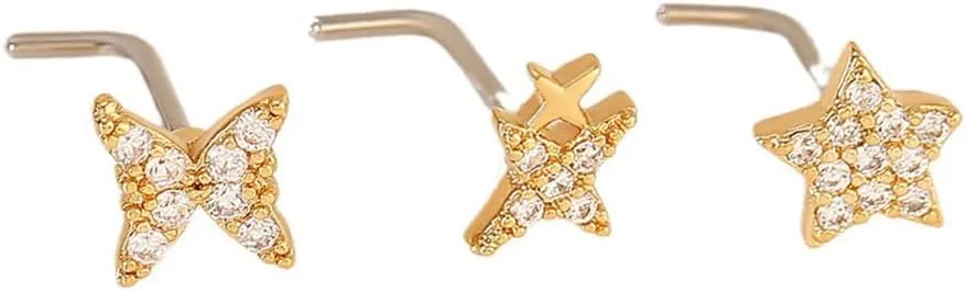 20G 316L Surgical Steel Nose Studs Rings for Women Sparkling Rhinestone Butterfly Cross Star Nose Rings Studs Screws Dainty Nostril Piercing Jewelry 3Pcs Set