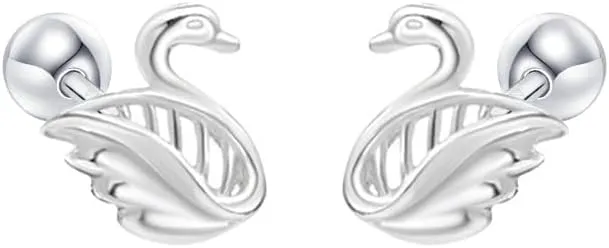 20G Cute Swan Cartilage Small Stud Earrings for Women 925 Sterling Silver Bird Animal Tiny Ball Screw Back Tragus Sleeper Studs Earring Lovely Jewelry Gifts Daughter Birthday
