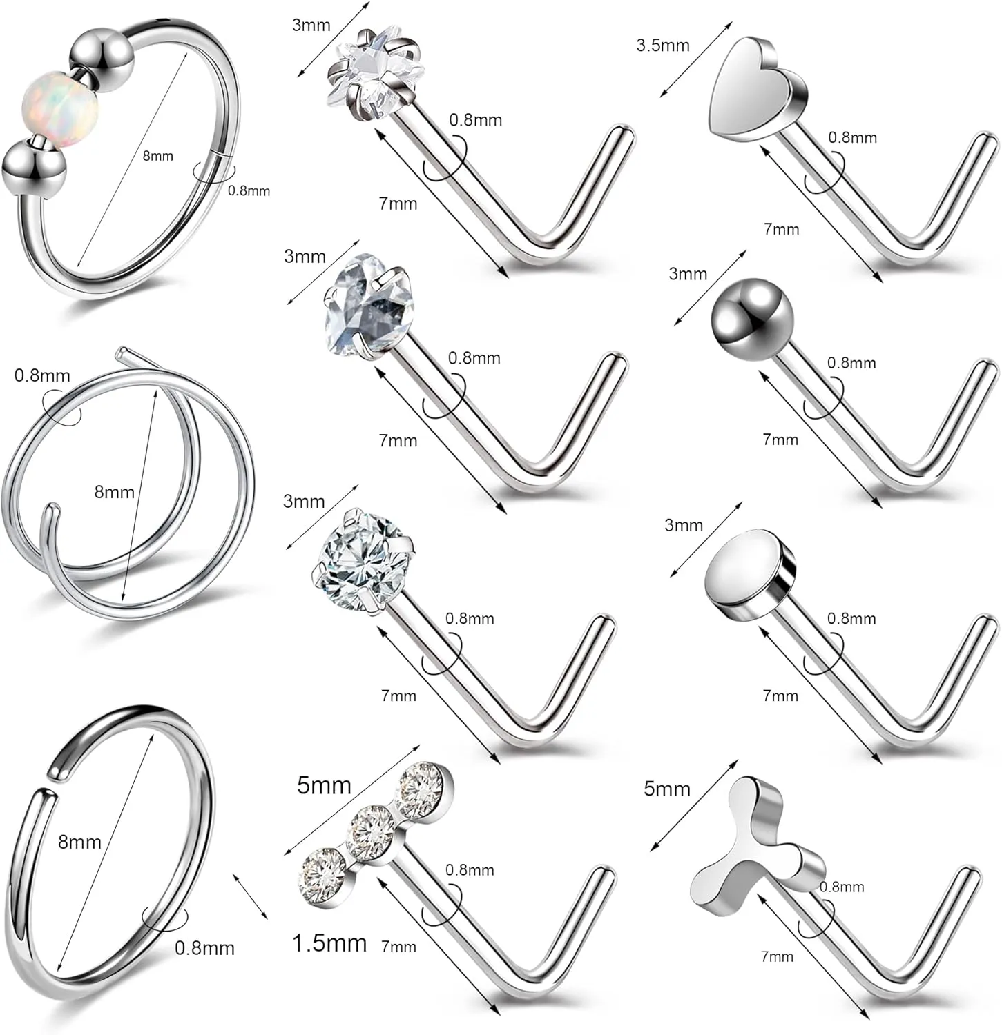 20G Nose Ring Studs 316L Surgical Steel Gold Nose Studs Opalite Nose Rings Double Hoop Nose Ring for Women CZ Nostril Piercing Jewelry Cartilage Earrings Body Piercing Jewelry