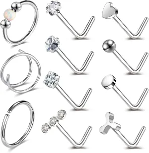 20G Nose Ring Studs 316L Surgical Steel Gold Nose Studs Opalite Nose Rings Double Hoop Nose Ring for Women CZ Nostril Piercing Jewelry Cartilage Earrings Body Piercing Jewelry