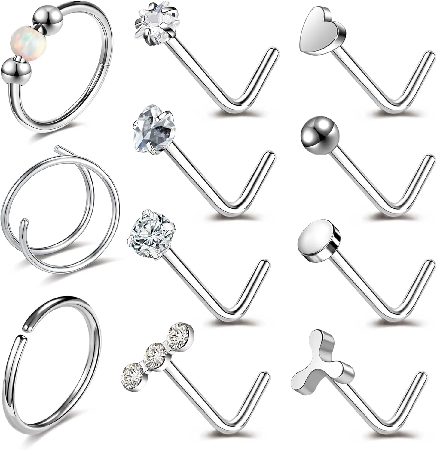 20G Nose Ring Studs 316L Surgical Steel Gold Nose Studs Opalite Nose Rings Double Hoop Nose Ring for Women CZ Nostril Piercing Jewelry Cartilage Earrings Body Piercing Jewelry