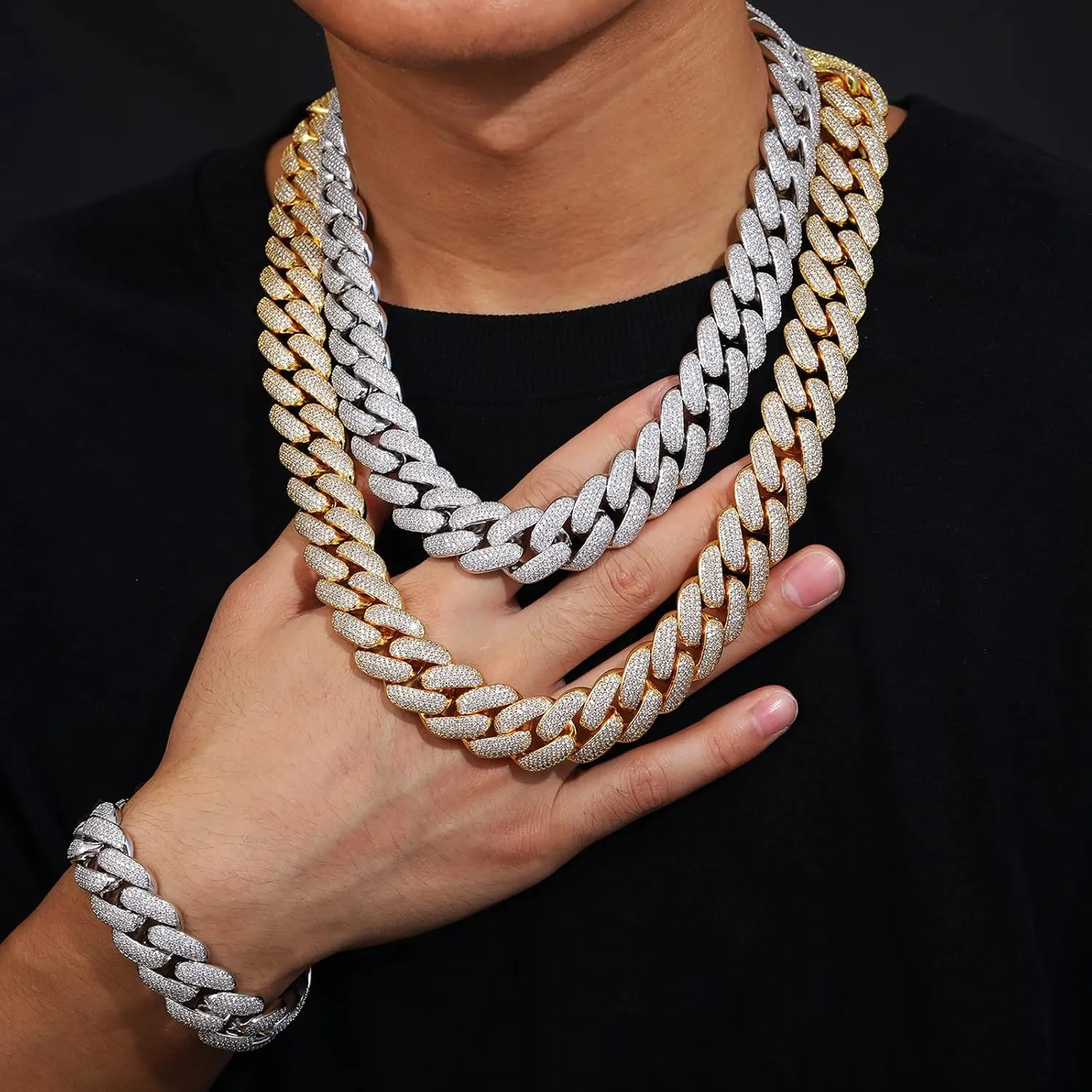 20mm Iced Out Cuban Link Chain 18K White Gold Plated 4-Row dense 5A  Cubic Zirconia Bling Diamond Necklace Hip Hop Rapper Luxury Jewelry Thick Heavy Cuban Link Chain for Men and Women