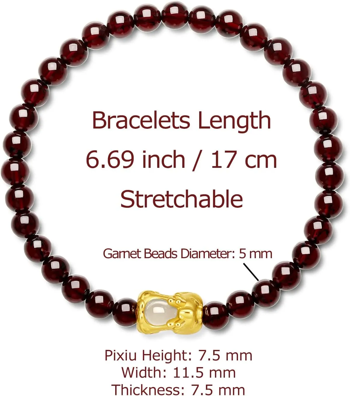 24K Solid Gold Bracelet for Women, Real Pure Gold Jewelry White or Green Nephrite Jade Gold Pixiu Garnet Beaded Bracelet for Men