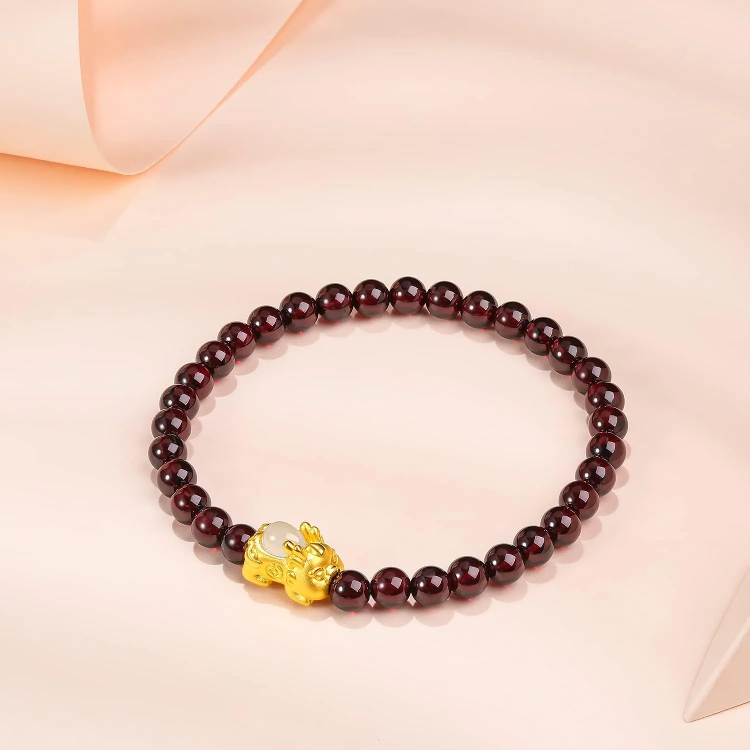 24K Solid Gold Bracelet for Women, Real Pure Gold Jewelry White or Green Nephrite Jade Gold Pixiu Garnet Beaded Bracelet for Men