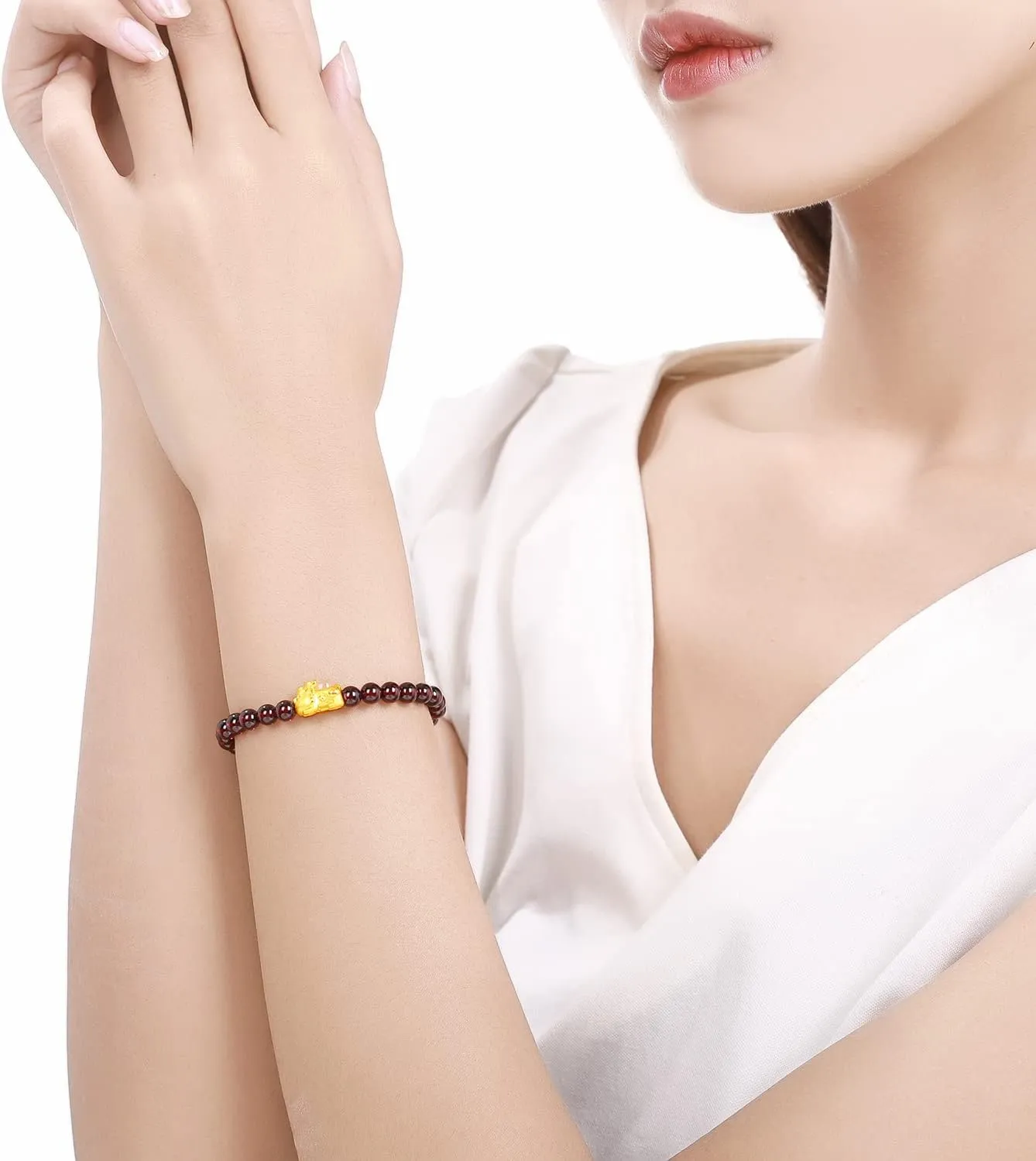 24K Solid Gold Bracelet for Women, Real Pure Gold Jewelry White or Green Nephrite Jade Gold Pixiu Garnet Beaded Bracelet for Men