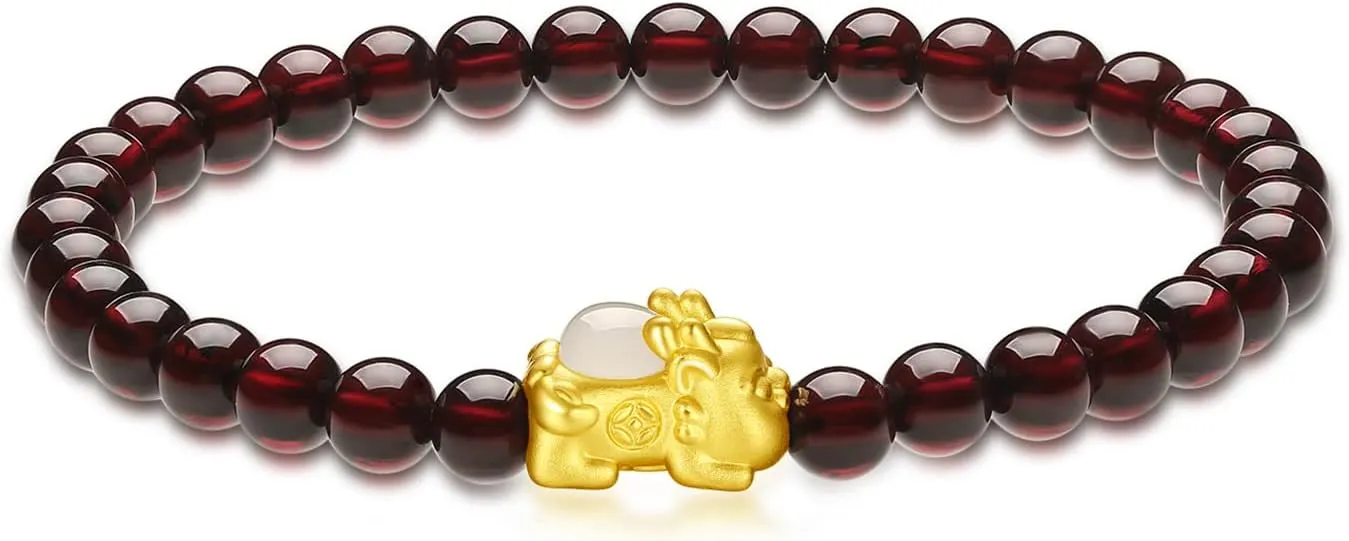 24K Solid Gold Bracelet for Women, Real Pure Gold Jewelry White or Green Nephrite Jade Gold Pixiu Garnet Beaded Bracelet for Men