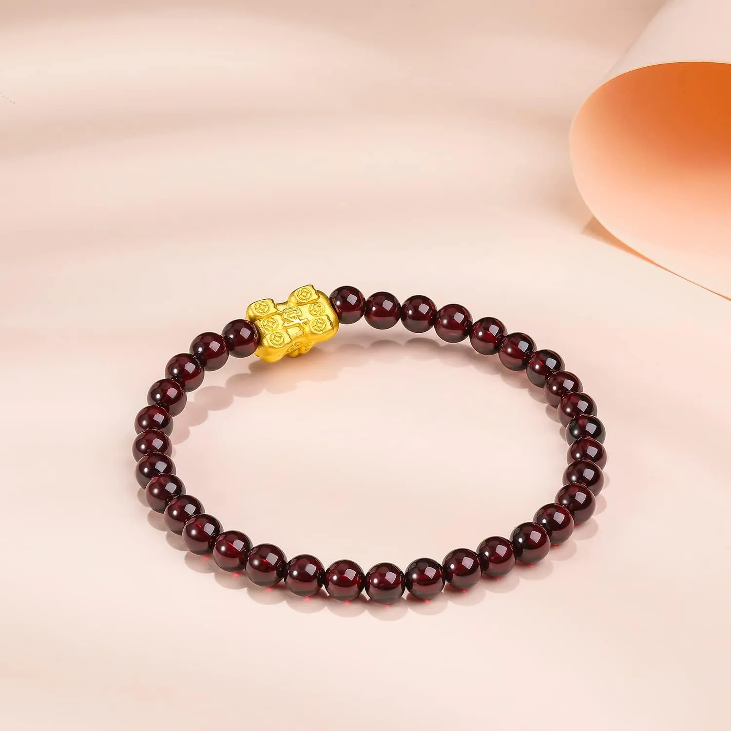 24K Solid Gold Bracelet for Women, Real Pure Gold Jewelry White or Green Nephrite Jade Gold Pixiu Garnet Beaded Bracelet for Men
