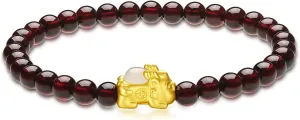 24K Solid Gold Bracelet for Women, Real Pure Gold Jewelry White or Green Nephrite Jade Gold Pixiu Garnet Beaded Bracelet for Men