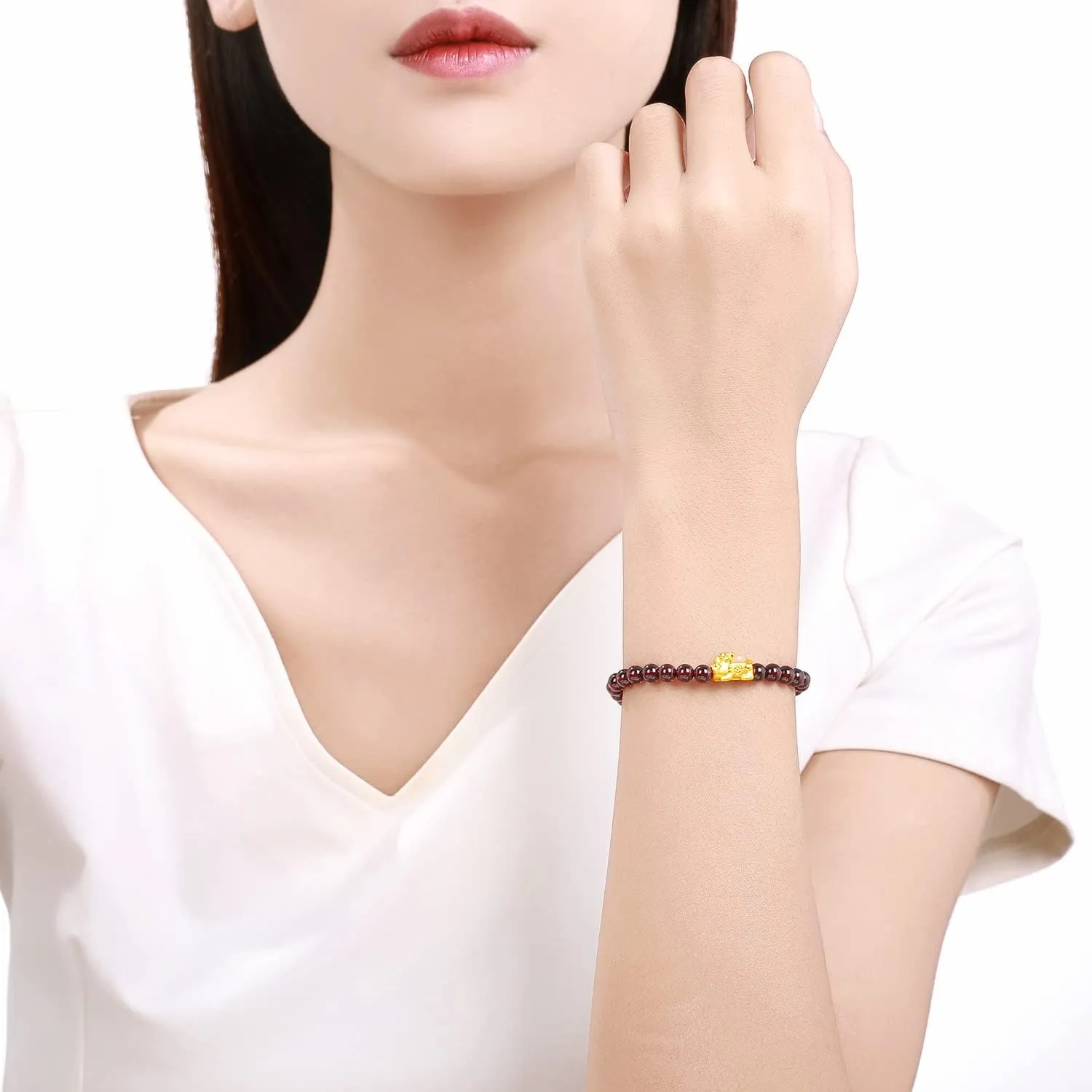 24K Solid Gold Bracelet for Women, Real Pure Gold Jewelry White or Green Nephrite Jade Gold Pixiu Garnet Beaded Bracelet for Men