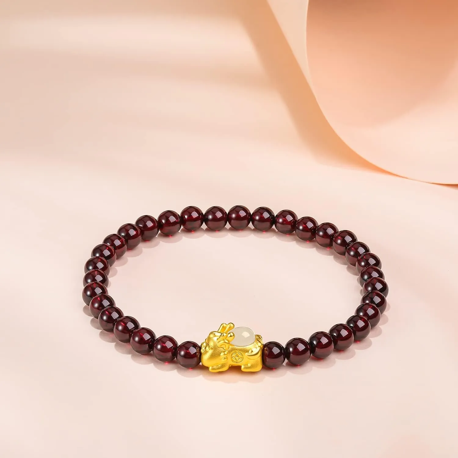 24K Solid Gold Bracelet for Women, Real Pure Gold Jewelry White or Green Nephrite Jade Gold Pixiu Garnet Beaded Bracelet for Men