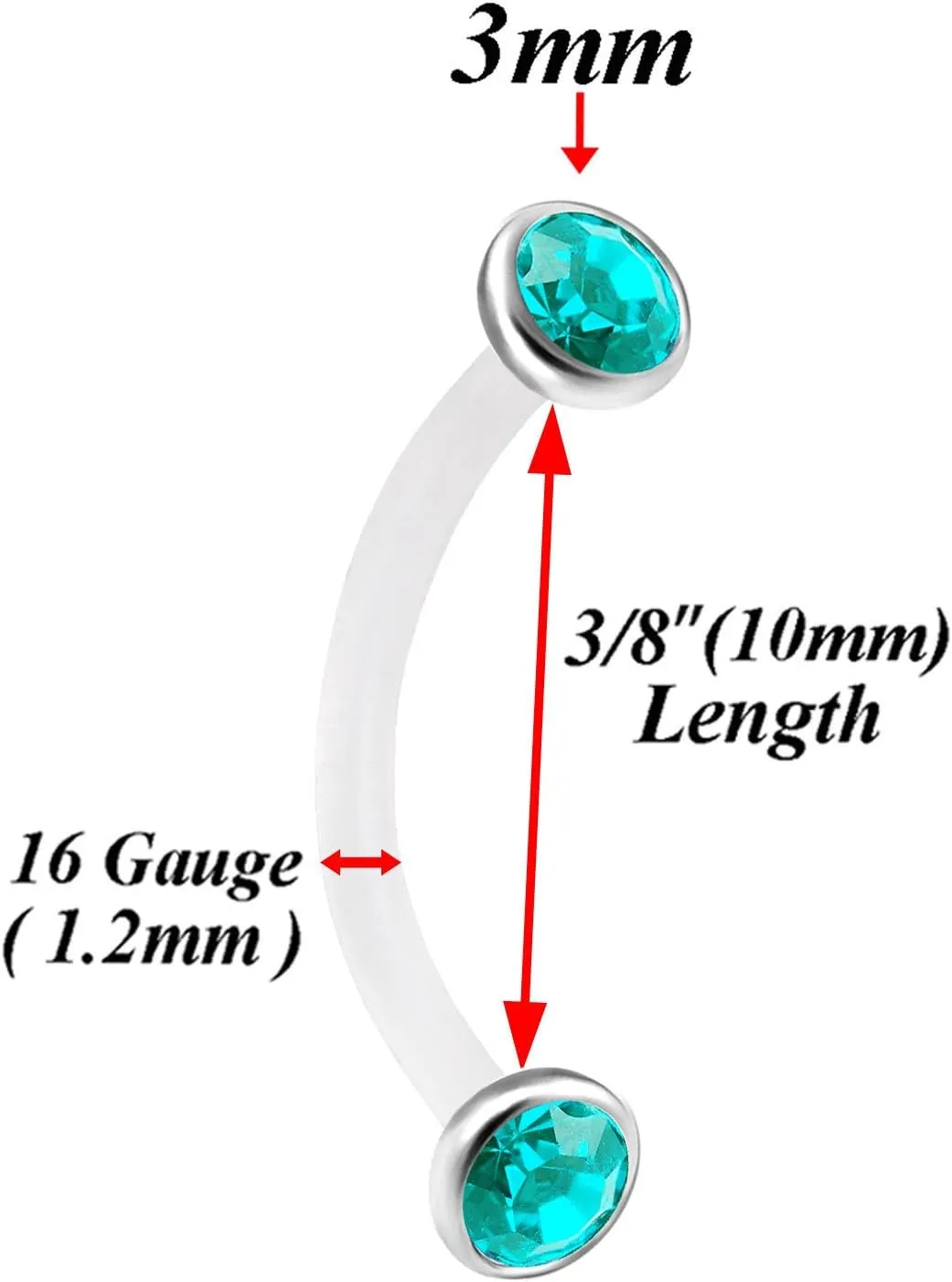 2pcs 16g Curved Barbell Septum Cartilage Earring Eyebrow Helix Bioflex Flexible Tragus Steel halfball - Pick Color