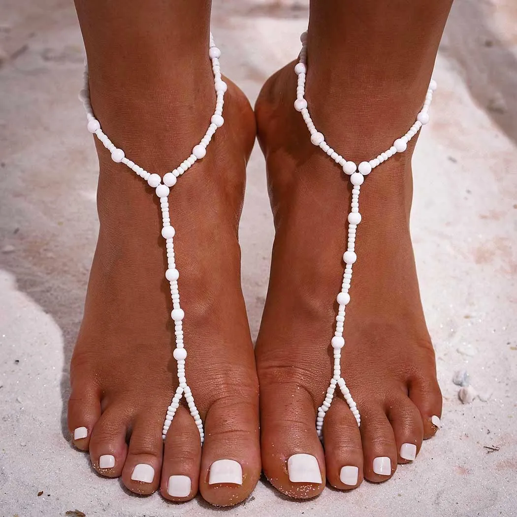 2PCS Beaded Barefoot Sandals Pearl Foot Chain Beach Ankle Bracelets Summer Ring Foot Chain for Women
