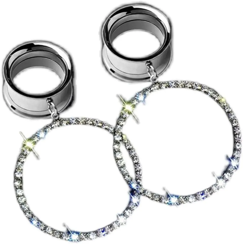 2PCS Ear Tunnels Plugs - Full Drill Round Pendant For Women & Men, Pierced Hangers Earrings For Stretched Earlobe