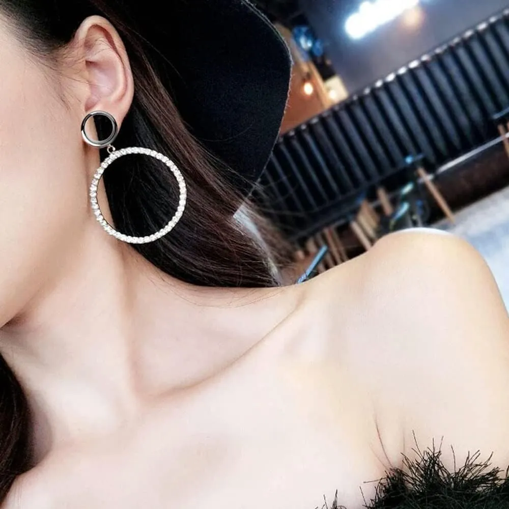 2PCS Ear Tunnels Plugs - Full Drill Round Pendant For Women & Men, Pierced Hangers Earrings For Stretched Earlobe