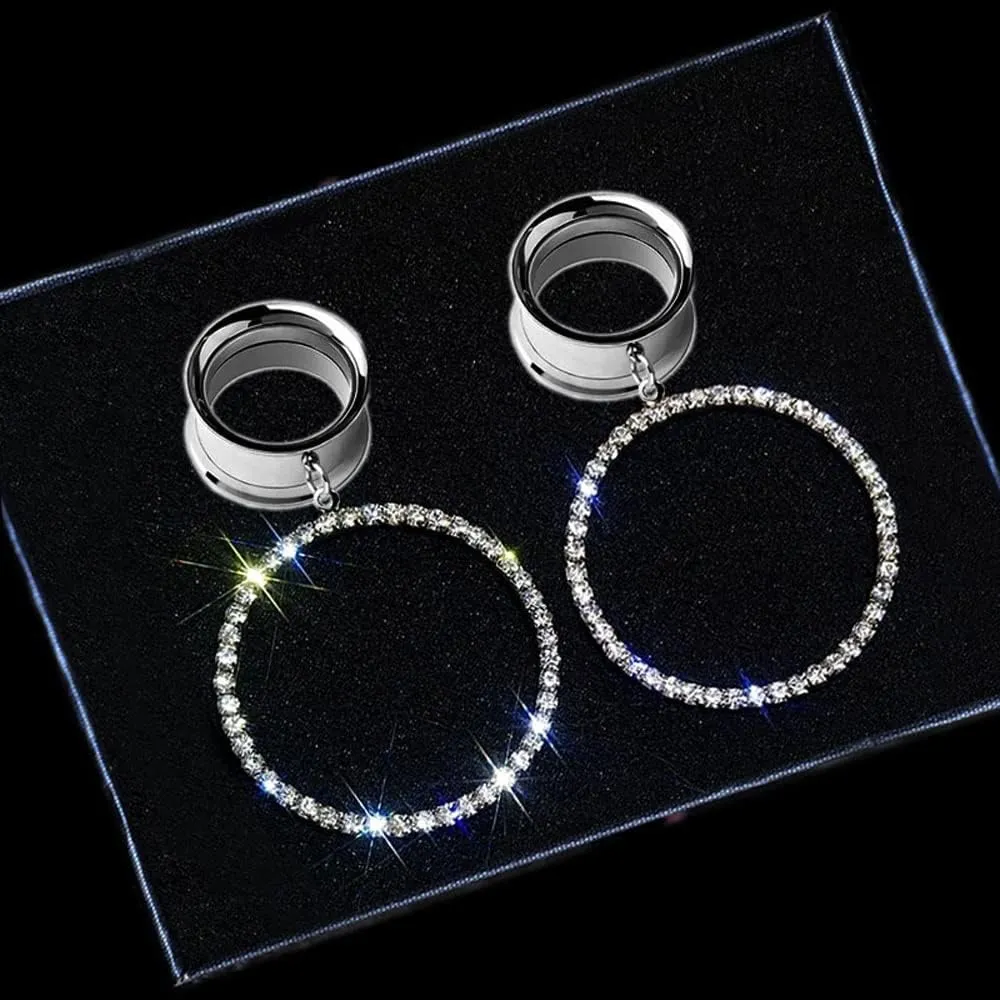 2PCS Ear Tunnels Plugs - Full Drill Round Pendant For Women & Men, Pierced Hangers Earrings For Stretched Earlobe