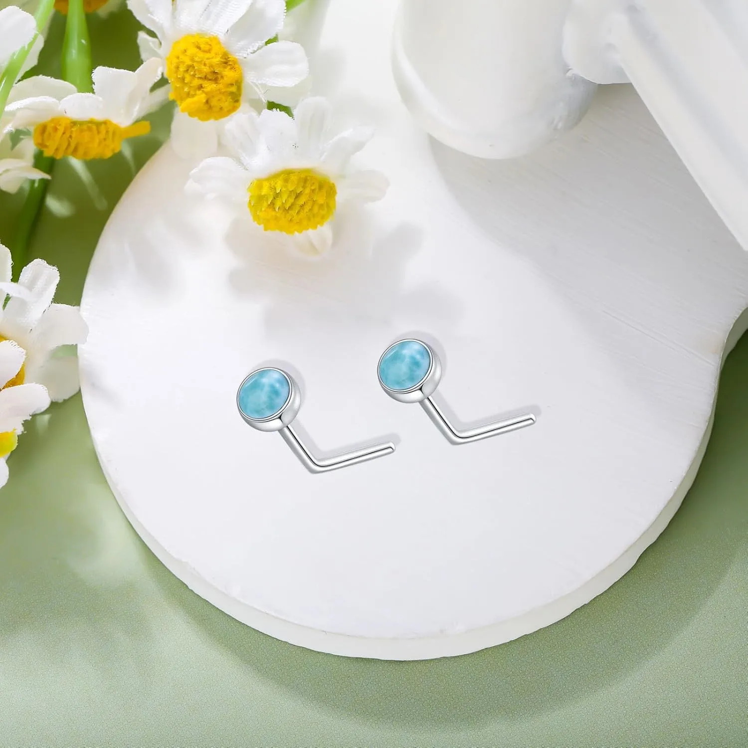 2Pcs Gemstone Nose Ring 925 Sterling Silver 3mm Turquoise Lapis Lazuli Larimar Black Onyx L Shaped Nose Stud Piercing Jewelry for Women
