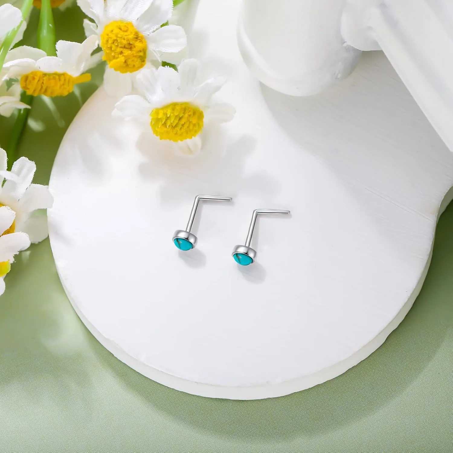 2Pcs Gemstone Nose Ring 925 Sterling Silver 3mm Turquoise Lapis Lazuli Larimar Black Onyx L Shaped Nose Stud Piercing Jewelry for Women