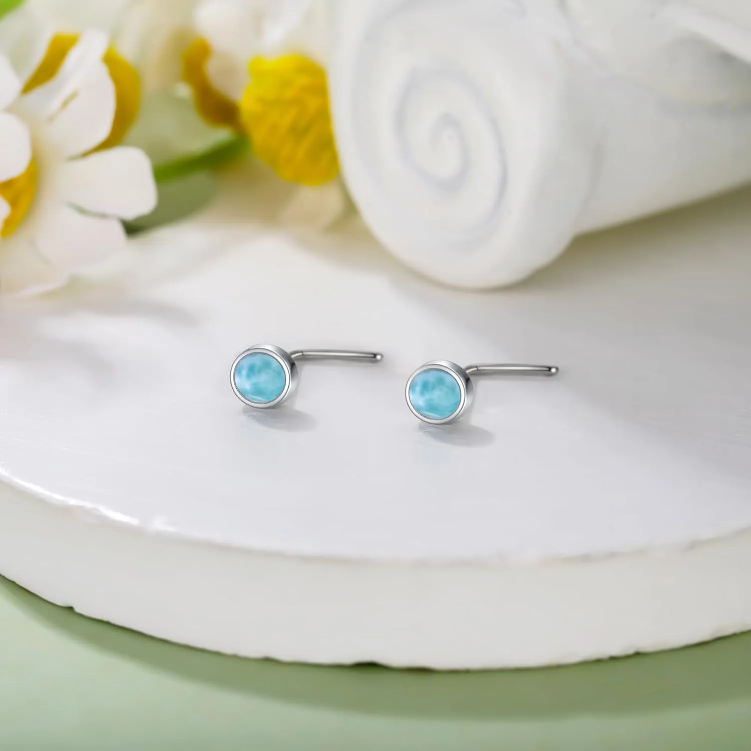 2Pcs Gemstone Nose Ring 925 Sterling Silver 3mm Turquoise Lapis Lazuli Larimar Black Onyx L Shaped Nose Stud Piercing Jewelry for Women