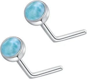 2Pcs Gemstone Nose Ring 925 Sterling Silver 3mm Turquoise Lapis Lazuli Larimar Black Onyx L Shaped Nose Stud Piercing Jewelry for Women