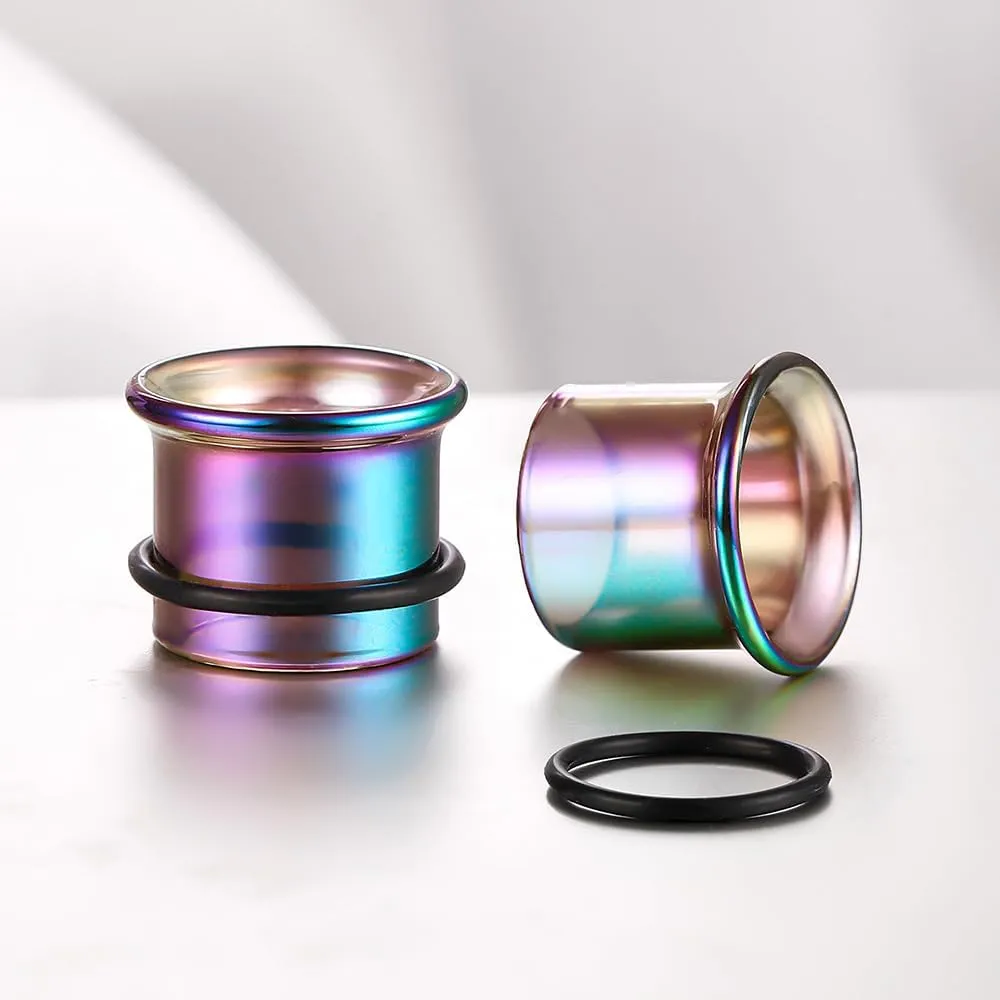 2Pcs Glass Ear Plugs and Tunnels Gauges - Crystal Clear & Rainbow, Hypoallergenic, Single Flared Saddle with O-Rings, Size 6mm-20mm Ear Expander Body Jewelry for Stretched Ears