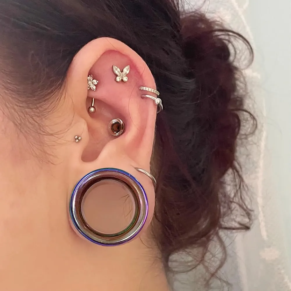 2Pcs Glass Ear Plugs and Tunnels Gauges - Crystal Clear & Rainbow, Hypoallergenic, Single Flared Saddle with O-Rings, Size 6mm-20mm Ear Expander Body Jewelry for Stretched Ears